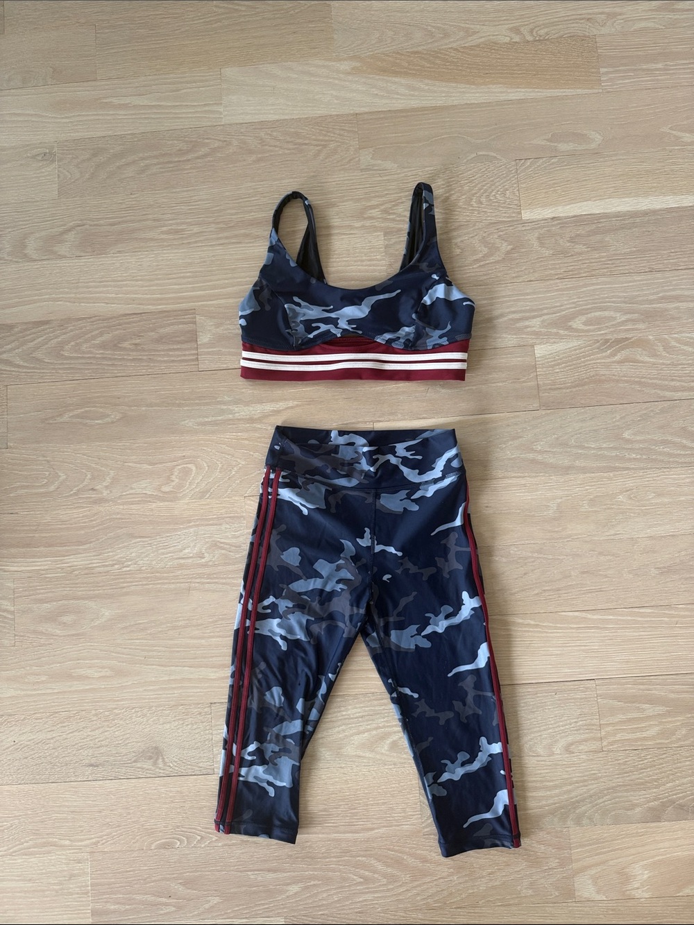 The Upside Navy & Gray Camo Sports Bra and Capris Set with Red Stripes